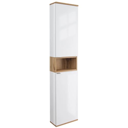 VBChome Hoher Badschrank 163x35x16 cm Weiß Wotan mit verstellbaren Regalen und offener Ablage – Praktische Aufbewahrung für Ihr Badezimmer von VBChome