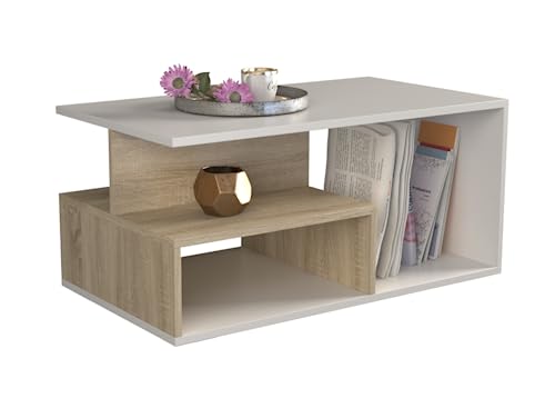 VBChome Kaffeetisch 90 x 51 x 43 cm Weiß - Eiche Sonoma Couchtisch Wohnzimmertisch Teetisch Beistelltisch Sofatisch Modern Wohnzimmer Büro Weiß - Eiche Sonoma von VBChome