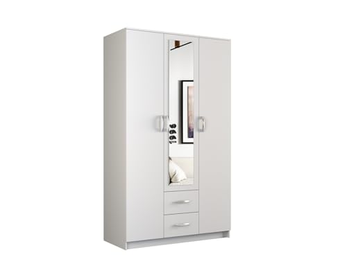 VBChome Kleiderschränk 120 x 52 x 205 cm Weiß 3 Türen 2 Schubladen Spiegel Garderobenschrank Dielenschrank Schlafzimmerschrank Flurschrank Wohnzimmerschrank Weiß mit Spiegel 120x52x205 cm von VBChome