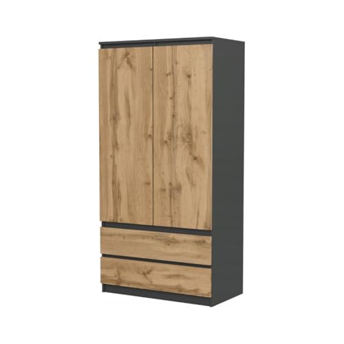 VBChome Kleiderschrank 90x50x180 cm 2 Türen 2 Schubladen 4 Einlegeböden Kleiderstange Anthrazit Eiche Wotan VBChome Kleiderschrank 90x50x180 cm 2 Türen 2 Schubladen 4 Einlegeböden Kleiderstange Anthrazit Eiche Wotan von VBChome