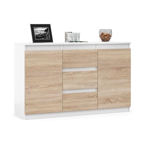 VBChome Kommode 120 x 35 x 75 cm mit 3 Schubladen und 2 Türen Weiß - Eiche Sonoma Grifflose Schubladenkommode Mehrzweckschrank für Flur Schlafzimmer Wohnzimmer von VBChome