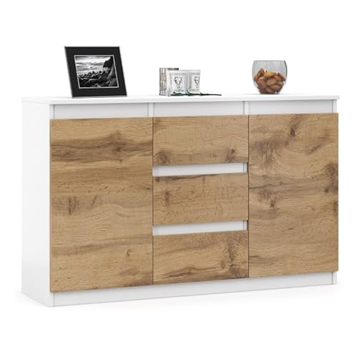 VBChome Kommode 120 x 35 x 75 cm mit 3 Schubladen und 2 Türen Weiß - Eiche Wotan Grifflose Schubladenkommode Mehrzweckschrank für Flur Schlafzimmer Wohnzimmer Kinderzimmer von VBChome
