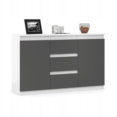VBChome Kommode 120 x 35 x 75 cm mit Schubladen und 2 Türen Weiß - Graphit Grifflose Schubladenkommode Mehrzweckschrank für Flur Schlafzimmer Wohnzimmer Kinderzimmer von VBChome