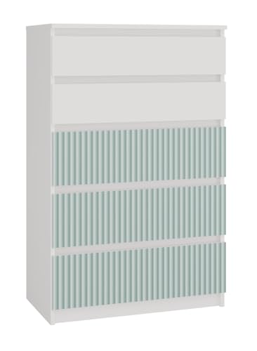 VBChome Kommode 70 x 40 x 110 cm Weiß - Grün Kommode mit 5 Schubladen für das Schlafzimmer Grifflose Zimmer Kinderzimmer Modern Stilvoll Weiß - DREI Grün Fronten mit Motiv Gedrucktes Muster von VBChome