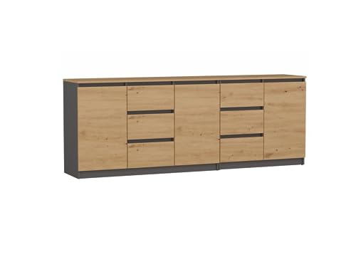 VBChome Kommode 120x35x75 cm / 80x35x75 cm, 3 Türen, 6 Schubladen, Eiche Artisan-Anthrazit, grifflose Schubladen, Mehrzweckschrank für Flur, Schlafzimmer & Wohnzimmer von VBChome