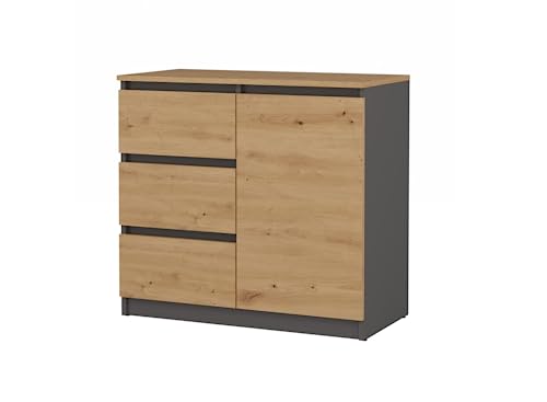 VBChome Kommode mit 1 Tür und 3 Schubladen 80 x 40 x 75 cm Eiche Artisan - Antrazit Grifflose Schubladenkommode Mehrzweckschrank für Flur Schlafzimmer Wohnzimmer Kinderzimmer Eiche Artisan - Antrazit von VBChome