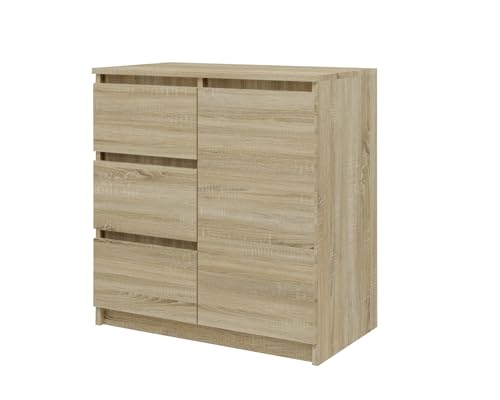 VBChome Kommode mit 1 Tür und 3 Schubladen 80 x 40 x 75 cm Eiche Sonoma Grifflose Schubladenkommode Mehrzweckschrank für Flur Schlafzimmer Wohnzimmer Kinderzimmer Modern Eiche Sonoma von VBChome