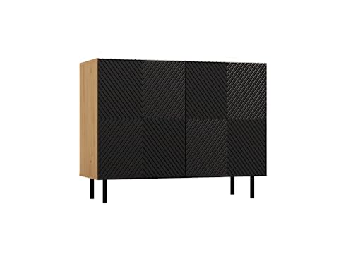 VBChome Kommode mit 2 Türen 100 x 40 x 78 cm Eiche Artisan-Schwarz Geriffelte Türfronten Grifflose Schubladenkommode Mehrzweckschrank für Schlafzimmer Wohnzimmer Modern Eiche Artisan - Schwarz von VBChome