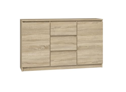 VBChome Kommode mit 2 Türen und 3 Schubladen 120 x 40 x 75 cm Eiche Sonoma Grifflose Schubladenkommode Mehrzweckschrank für Flur Schlafzimmer Wohnzimmer Kinderzimmer Modern Eiche Sonoma von VBChome
