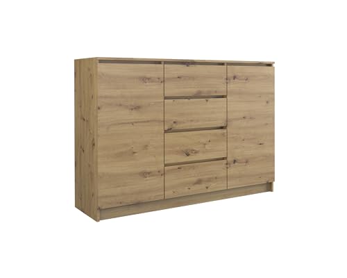 VBChome Kommode mit 2 Türen und 4 Schubladen 120 x 40 x 97 cm Eiche Artisan Grifflose Schubladenkommode Mehrzweckschrank für Flur Schlafzimmer Wohnzimmer Kinderzimmer Modern Eiche Artisan von VBChome