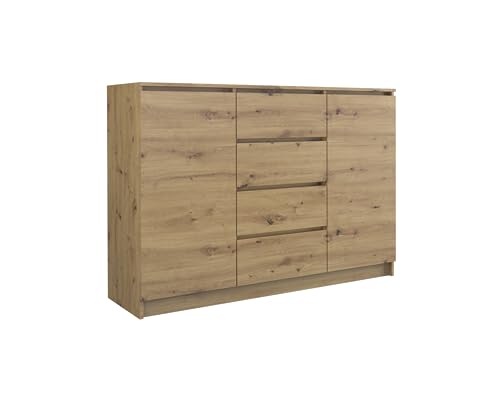 VBChome Kommode mit 2 Türen und 4 Schubladen 140 x 40 x 97 cm Eiche Artisan Grifflose Schubladenkommode Mehrzweckschrank für Flur Schlafzimmer Wohnzimmer Kinderzimmer Modern Eiche Artisan von VBChome