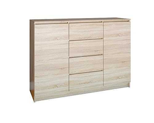 VBChome Kommode mit 2 Türen und 4 Schubladen 140 x 40 x 97 cm Eiche Sonoma Grifflose Schubladenkommode Mehrzweckschrank für Flur Schlafzimmer Wohnzimmer Kinderzimmer Modern Eiche Sonoma von VBChome