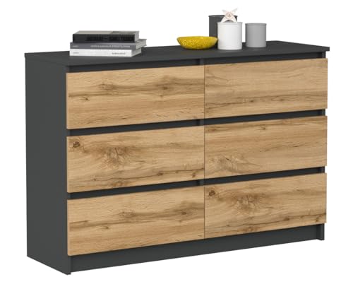 VBChome Kommode mit 6 Schubladen, Anthrazit-Artisan, 120 x 39 x 81 cm, Grifflose Holz-Schubladenkommode, Moderner Mehrzweckschrank für Flur, Schlafzimmer, Wohnzimmer & Kinderzimmer, Einfache Montage VBChome Kommode mit 6 Schubladen, Anthrazit-Artisan, 120 x 39 x 81 cm, Grifflose Holz-Schubladenkommode, Moderner Mehrzweckschrank für Flur, Schlafzimmer, Wohnzimmer & Kinderzimmer, Einfache Montage von VBChome