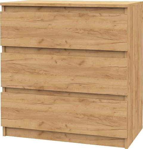 VBChome Kommode mit 3 Schubladen Eiche 80 x 39 x 81 cm Grifflose Schubladenkommode Holz Mehrzweckschrank Mehrzweckschrank für Flur Schlafzimmer Wohnzimmer Kinderzimmer Einfache Montage von VBChome