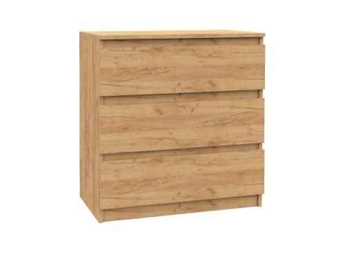 VBChome Kommode mit 3 Schubladen Eiche 80 x 39 x 81 cm Grifflose Schubladenkommode Holz Mehrzweckschrank Mehrzweckschrank für Flur Schlafzimmer Wohnzimmer Kinderzimmer Einfache Montage von VBChome