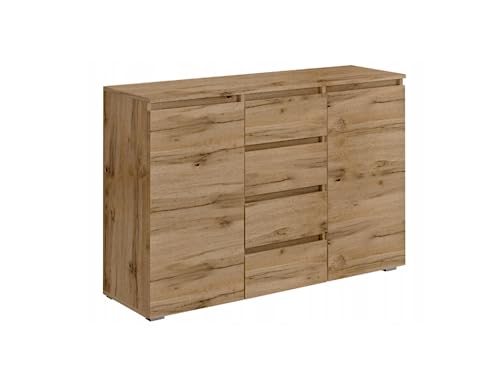 VBChome Kommode mit 4 Schubladen und 2 Türen 120 x 40 x 97 cm Eiche Wotan Grifflose Schubladenkommode Mehrzweckschrank für Flur Schlafzimmer Wohnzimmer Kommode mit 4 Schubladen und 2 Türen Eiche von VBChome