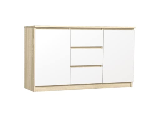 VBChome Kommode mit 3 Schubladen und 2 Türen 120 x 40 x 75 cm Mix Eiche-Weiß Grifflose Schubladenkommode Mehrzweckschrank für Flur Schlafzimmer Wohnzimmer Modern von VBChome