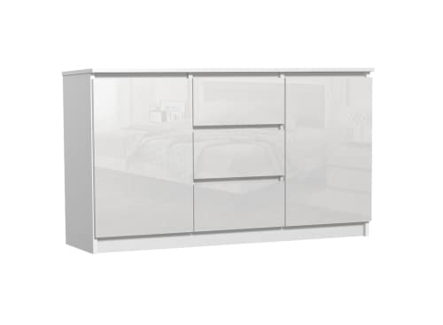 VBChome Kommode mit 3 Schubladen und 2 Türen 120 x 40 x 75 cm Weiß Glanz Grifflose Schubladenkommode Mehrzweckschrank für Flur Schlafzimmer Wohnzimmer Modern von VBChome
