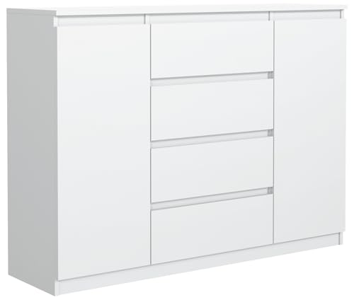 VBChome Kommode mit 4 Schubladen und 2 Türen 120 x 40 x 97 cm Weiß Grifflose Schubladenkommode Mehrzweckschrank für Flur Schlafzimmer Wohnzimmer Kommode mit 4 Schubladen und 2 Türen Weiß von VBChome