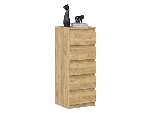 VBChome Kommode mit 5 Schubladen 40 x 39 x 105 cm EicheGrifflose Schubladenkommode Mehrzweckschrank für Flur Schlafzimmer Wohnzimmer Kinderzimmer Modern von VBChome