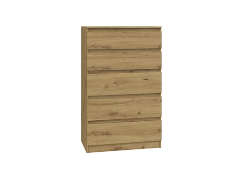 VBChome Kommode mit 5 Schubladen 70 x 40 x 110 cm Eiche Artisan Grifflose Schubladenkommode Mehrzweckschrank für Flur Schlafzimmer Wohnzimmer Kinderzimmer Modern Eiche Artisan von VBChome