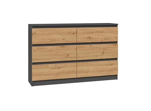 VBChome Kommode mit 6 Schubladen 120 x 30 x 75 cm Eiche Aritsan - Antrazit Grifflose Schubladenkommode Mehrzweckschrank für Flur Schlafzimmer Wohnzimmer Kinderzimmer Modern Eiche Aritsan - Antrazit von VBChome