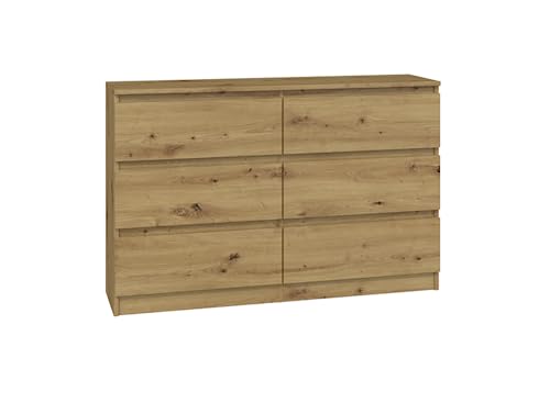 VBChome Kommode mit 6 Schubladen 120 x 30 x 75 cm Eiche Aritsan Grifflose Schubladenkommode Mehrzweckschrank für Flur Schlafzimmer Wohnzimmer Kinderzimmer Modern Eiche Aritsan von VBChome