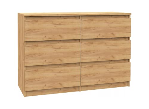 VBChome Kommode mit 6 Schubladen Eiche 120 x 39 x 81 cm Grifflose Schubladenkommode Holz Mehrzweckschrank Mehrzweckschrank für Flur Schlafzimmer Wohnzimmer Kinderzimmer Einfache Montage von VBChome