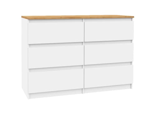 VBChome Kommode mit 6 Schubladen Weiß Eiche 120 x 39 x 81,5 cm Grifflose Schubladenkommode Holz Mehrzweckschrank Mehrzweckschrank für Flur Schlafzimmer Wohnzimmer Kinderzimmer Einfache Montage von VBChome