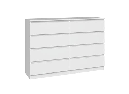 VBChome Kommode mit 8 Schubladen 140 x 40 x 97 cm Weiß Grifflose Schubladenkommode Mehrzweckschrank für Flur Schlafzimmer Wohnzimmer Kinderzimmer Modern Weiß von VBChome