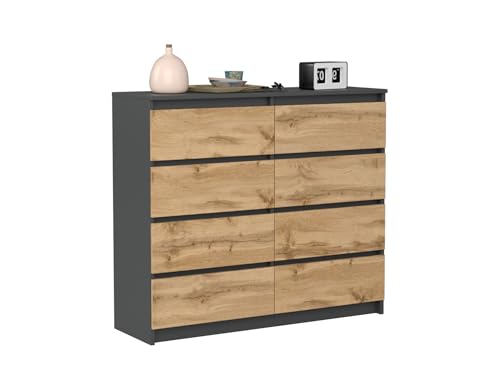 VBChome Kommode mit 8 Schubladen Antrazit mit Eiche 120 x 39 x 105 cm Grifflose Schubladenkommode Holz Mehrzweckschrank Mehrzweckschrank für Flur Schlafzimmer Wohnzimmer Kinderzimmer von VBChome