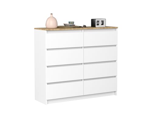 VBChome Kommode mit 8 Schubladen Weiß mit Eiche 120 x 39 x 105 cm Grifflose Schubladenkommode Holz Mehrzweckschrank Mehrzweckschrank für Flur Schlafzimmer Wohnzimmer Kinderzimmer von VBChome