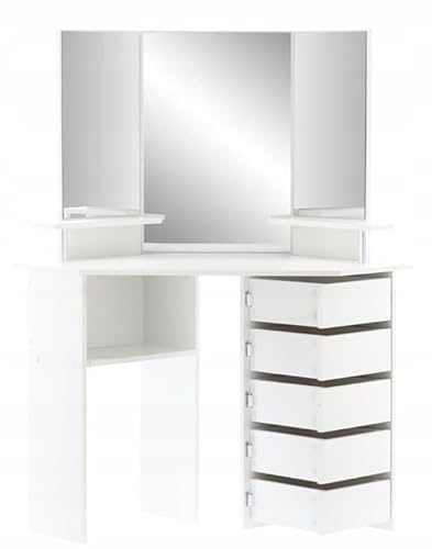 VBChome Kosmetik-Schminktisch mit Spiegel 111 x 141 x 54 cm Weiß 5 Schubladen MDF-Möbelplatte Modern-Stil Dekoration Ecke Schminktisch Spiegel von VBChome