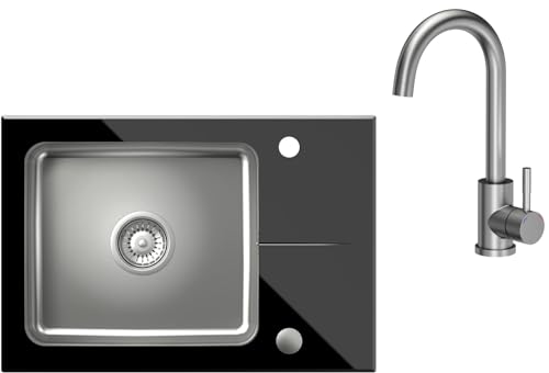 VBChome Küchenspüle aus Glas mit Armatur 64 x 44 cm Schwarz Einzelbecken Glasplatte Becken aus Stahl Rechteckig Siphon Einbaubecken Gesprenkelt Großes Tiefes Becken von VBChome