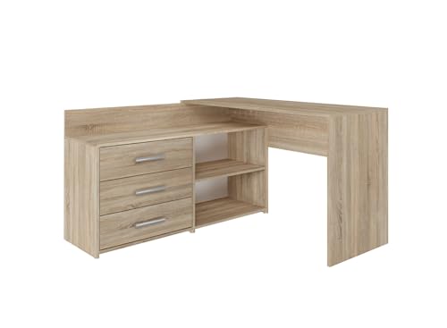 VBChome Schreibtisch 120 x 50 x 76 cm Eiche Sonoma Eckschreibtisch mit 3 Schubladen und 2 Fächer Computer-Schreibtisch Bürotisch Computertisch Arbeitstisch PC-Tisch Laptoptisch Eiche Sonoma von VBChome