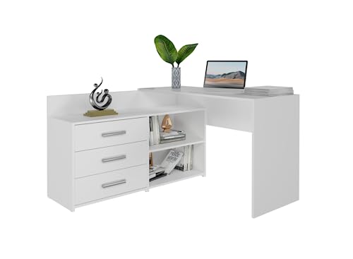 VBChome Schreibtisch 120 x 50 x 76 cm Weiß Eckschreibtisch mit 3 Schubladen und 2 Fächer Computer-Schreibtisch Bürotisch Computertisch Arbeitstisch PC-Tisch Laptoptisch Weiß von VBChome