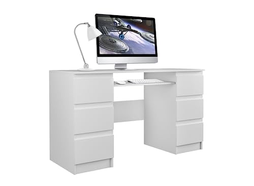 VBChome Schreibtisch 130 x 51 x 76 cm Weiß Matt - Moderner Arbeits- und Lernplatz mit 6 Schubladen für Homeoffice oder Wohnzimmer von VBChome