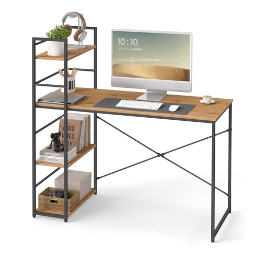 VBChome Schreibtisch mit Regal – Computertisch 120x44x120 cm in Eiche Holzoptik und Schwarz – Bürotisch mit 3 Ablagen, Stabiler Arbeitsplatz im Industrial Design für Home Office & Studium von VBChome