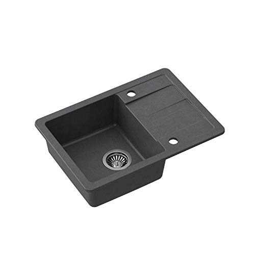 VBChome Spüle 62 x 44 cm Schwarz Granit Einzelbecken Einbauspüle Abtroffläche gesprenkelt reversibel Verbundspüle + Siphon Spülmittelspender von VBChome