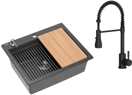 VBChome Set Spülbecken mit Armatur 60 x 50 cm Schwarz Spülmittelspender Siphon Matte Planke Granit Spüle Einzelbecken Küche Einbauspüle Verbundspüle Küchenspüle Spülbecken Schwarz mit Schwarz Armatur von VBChome