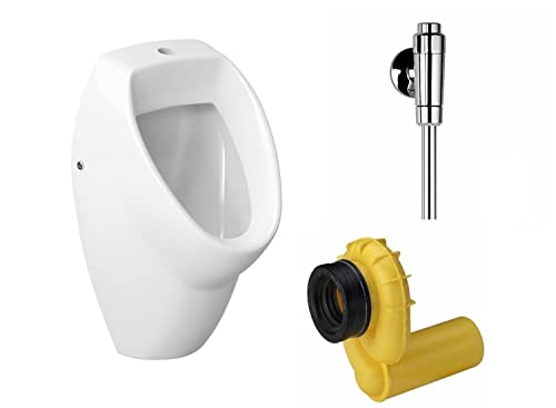 VBChome Set Urinal + Spülventil Zulauf von Oben Weiß Modern Hochwertig Keramik Pinkelbecken Pissoir Wandurinal Wandpissoir Urinalspüler Druckspüler + Schellomat + Siphon Viega von VBChome
