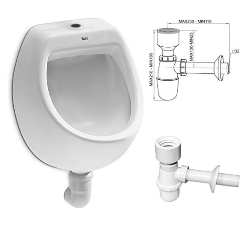 VBChome- Set: Urinal Zulauf Oben Weiß Modern Hochwertig Keramik Pinkelbecken senkrecht Pissoir Mini + Siphon Flaschensiphon A50132 von VBChome