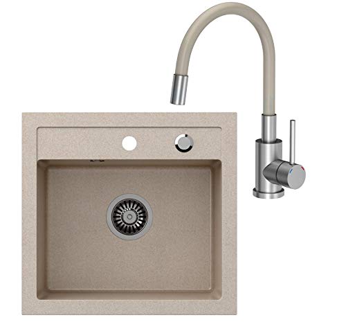 VBChome Spülbecken + Armatur 50 x 47 cm Beige Spüle Einzelbecken Küche Einbauspüle Verbundspüle Küchenspüle gesprenkelt flächenbündig + Siphon Waschbecken von VBChome