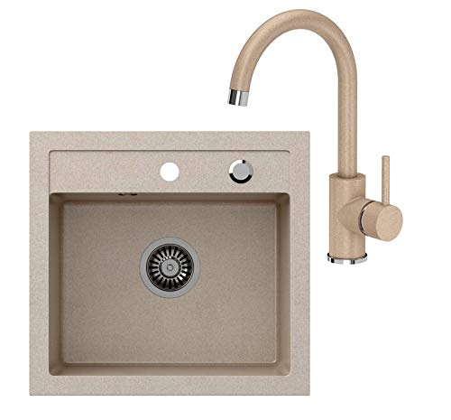 VBChome Spülbecken + Armatur 50 x 47 cm Beige Spüle Einzelbecken Küche Einbauspüle Verbundspüle Küchenspüle gesprenkelt flächenbündig + Siphon Waschbecken von VBChome