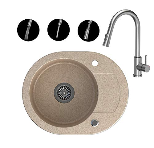 VBChome Spülbecken + Armatur 59x46 cm Beige Einzelbecken Küche Spüle Einbauspüle Verbundspüle Küchenspüle gesprenkelt + Siphon Wasserhahn Küchenarmatur 2 Wasserstrahlen Einhebel von VBChome