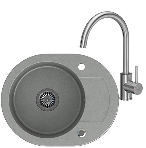 VBChome Spülbecken + Armatur 59x46 cm Grau Einzelbecken Küche Spüle Waschbecken Einbauspüle Verbundspüle Küchenspüle gesprenkelt + Siphon Wasserhahn Küchenarmatur Einhebel Mischbatterie von VBChome