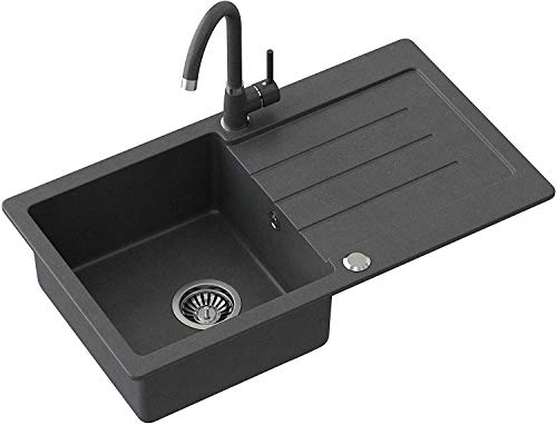 VBChome Granitspüle 77 x 44 cm Schwarz mit Armatur & Siphon – Einbauspüle Einzelbecken gesprenkelt, reversibel, pflegeleicht, kratzfest, hitzebeständig – Spülbecken Küche von VBChome