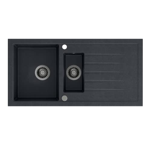 VBChome Spülbecken 100 x 50 cm Einzelbecken Schwarz Granit Rechteckig Reversibel Einbauspüle Gesprenkelt Großes Tiefes Becken Siphon von VBChome