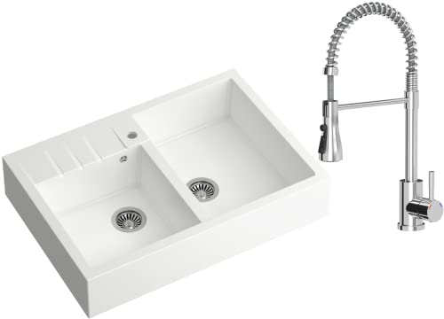 VBChome Spülbecken 90 x 62 cm Bauernhaus-Küchenspüle Doppelschüssel Weiß Granit Rechteckig Einbauspüle Gesprenkelt Großes Tiefes Becken Granitspüle + Siphon + Armatur VBChome Spülbecken 90 x 62 cm Bauernhaus-Küchenspüle Doppelschüssel Weiß Granit Rechteckig Einbauspüle Gesprenkelt Großes Tiefes Becken Granitspüle + Siphon + Armatur von VBChome