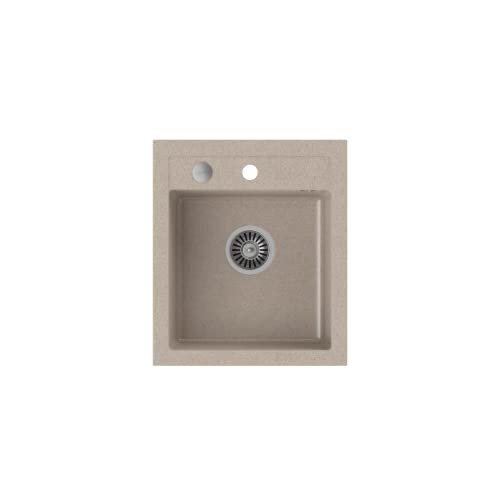 VBChome Spülbecken Beige 43 x 50 cm Granit Einzelbecken Einbauspüle gesprenkelt reversibel Verbundspüle + Siphon Waschbecken von VBChome